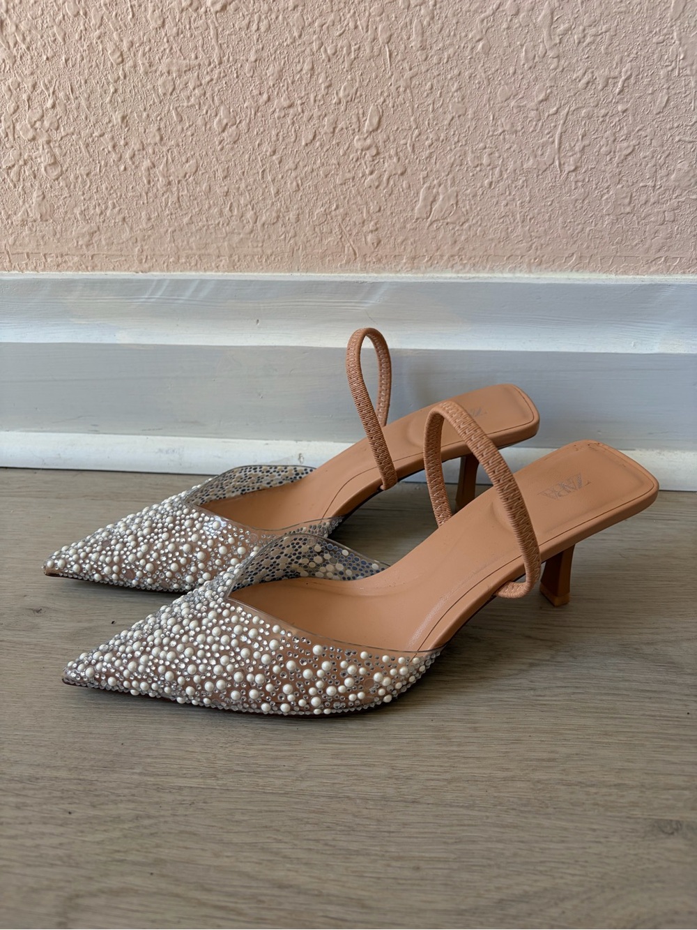 Zara Nude Pearl-Embellished Pointed Toe Sling Heels - Picture 2 of 3